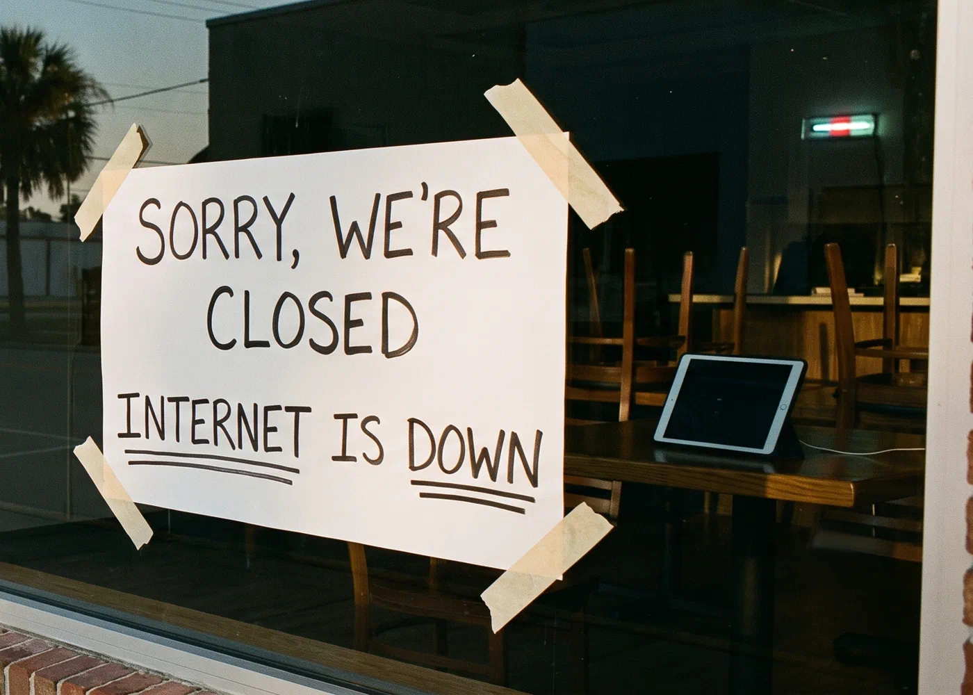 A handwritten sign taped inside a storefront window reading Sorry, we're closed, internet is down